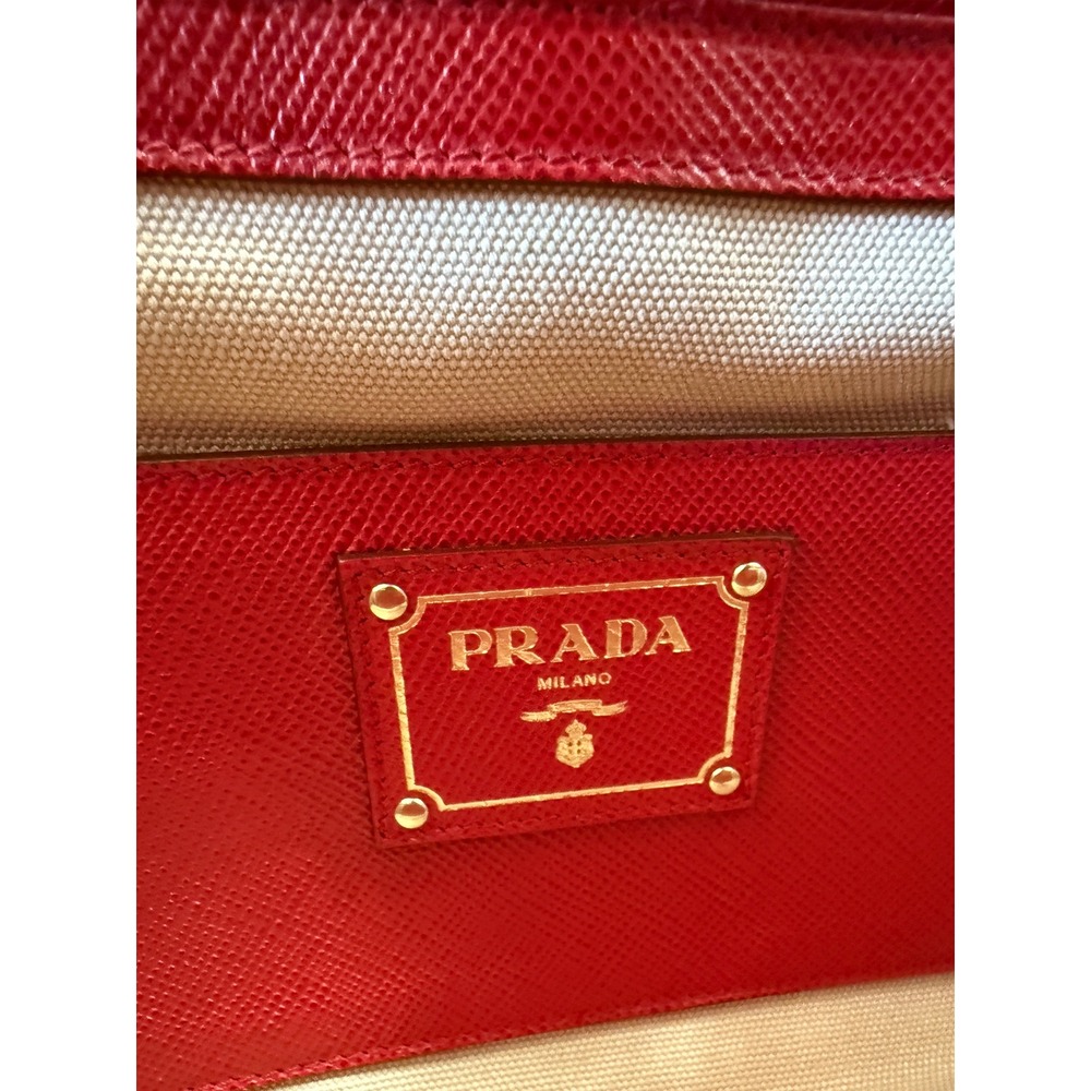 Prada Milano Red Saffiano Leather and Beige Canvas Tote Bag Handbag - Picture 8 of 15